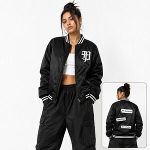 Overflow x For Sacramento Black Satin Bomber Jacket Gothic Patch Women‎ Size L